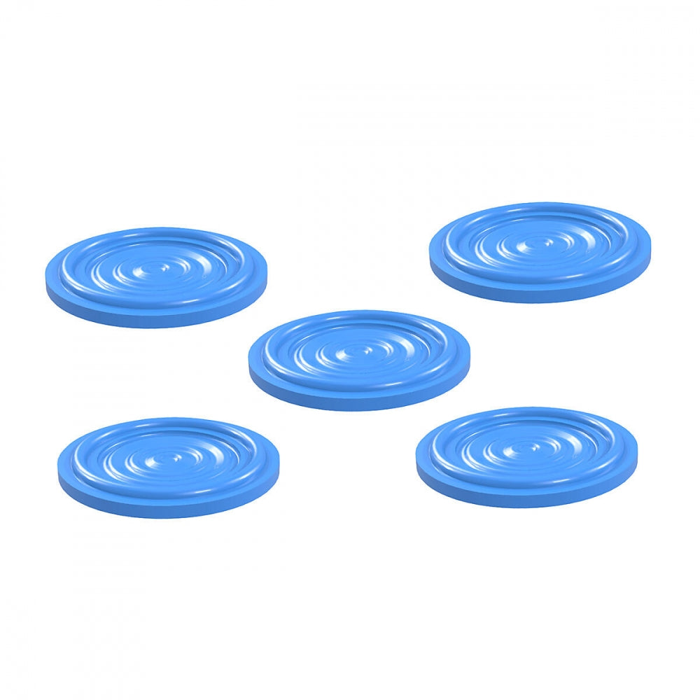 Fem blå, runde plastskiver fra Brewtools, 34 mm TC pakning Membran (5-pk), med konsentriske sirkelmønstre, er plassert på en hvit bakgrunn.