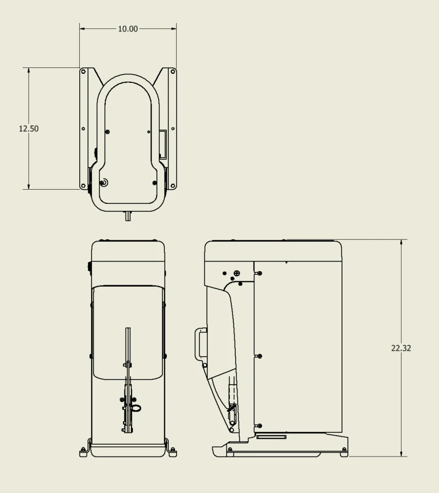 Teknisk tegning av Oktober Design Model 8 Can Seamer - automatisk boksmaskin (Bestillingsvare) fra Oktober Design - med topp-, front- og sidebilder (10,00, 12,50, 22,32 enheter); perfekt for produksjon av håndverksøl.