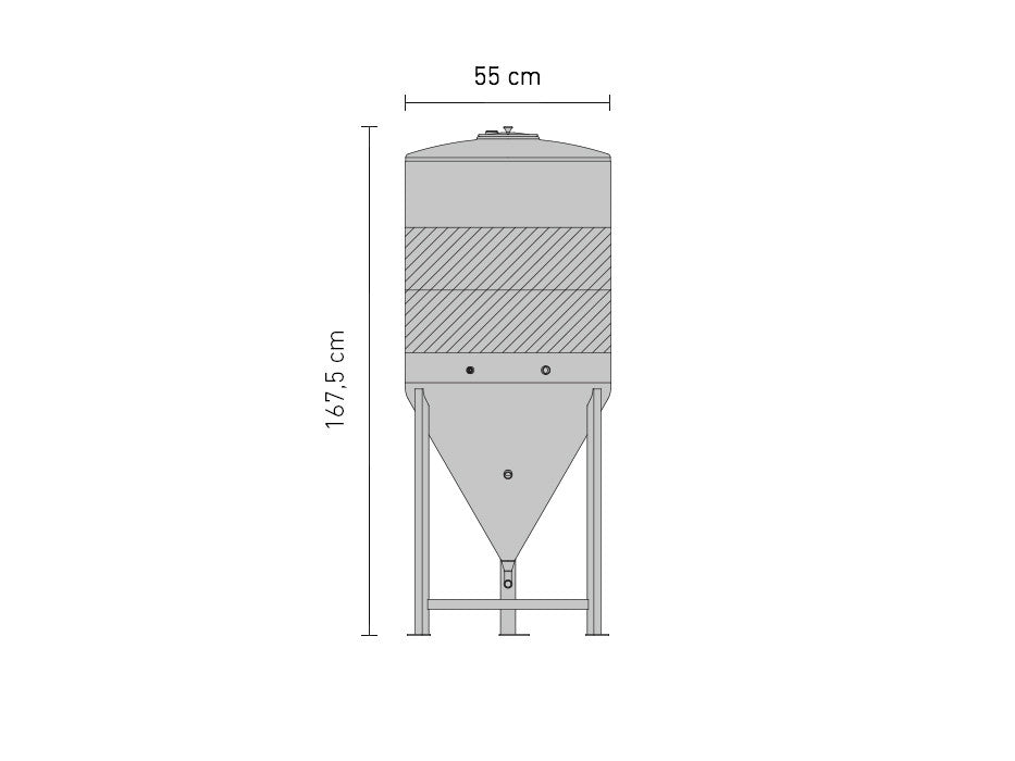 Teknisk tegning av Speidel 240L konisk gjæringstank rustfritt stål - komplett (Bestillingsvare) med sylindrisk kropp, konisk bunn, støtteben; måler 167,5 cm høy og 55 cm bred. Merkevare: Speidel.