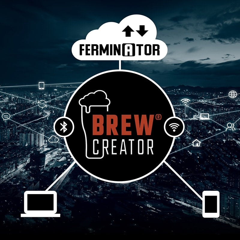Digital grafikk av Brewolutions BREW CREATOR-logo knyttet til enheter og skyen merket "Fercubator Connect gjæringskammer - Brewolution", mot et bylandskap, som representerer nettverksbasert brygging og presis gjæringskontroll.