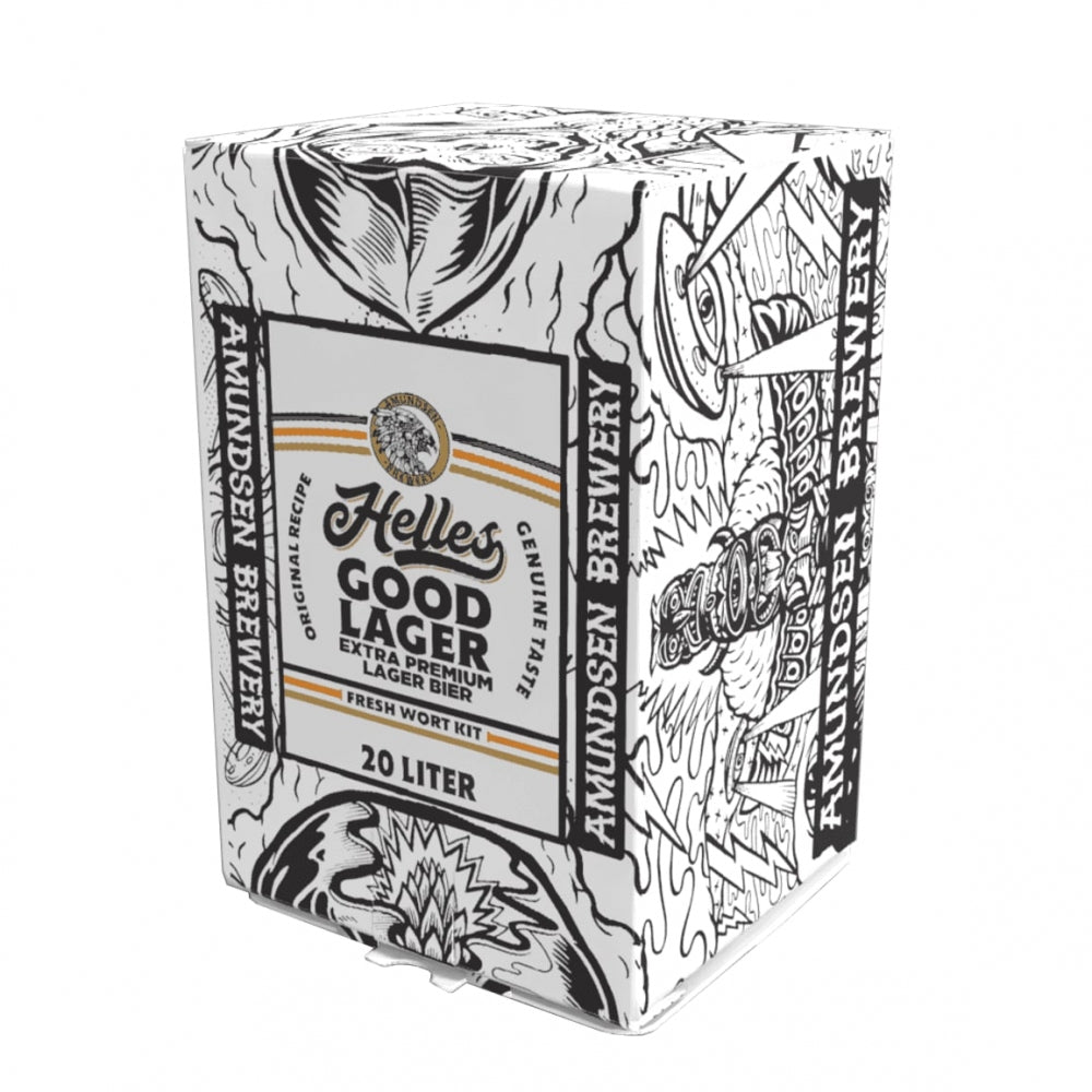 Amundsen Helles Good Lager - 20L Fresh Wort Kit fra Amundsen tilbyr førsteklasses pilsnerurt til hjemmebrygging, med en stilfull, dekorativ emballasje i svart og hvitt.