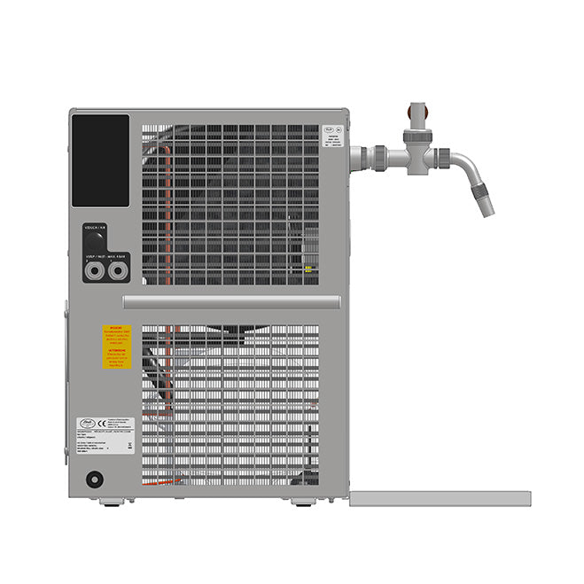 Lindr KONTAKT 300 Twin Power Green Line fra Lindr sett bakfra, med ventilasjonsåpninger, kontrollpanel, to kontakter, sikkerhetsmerker og et rør med ventil som strekker seg ut fra høyre side.