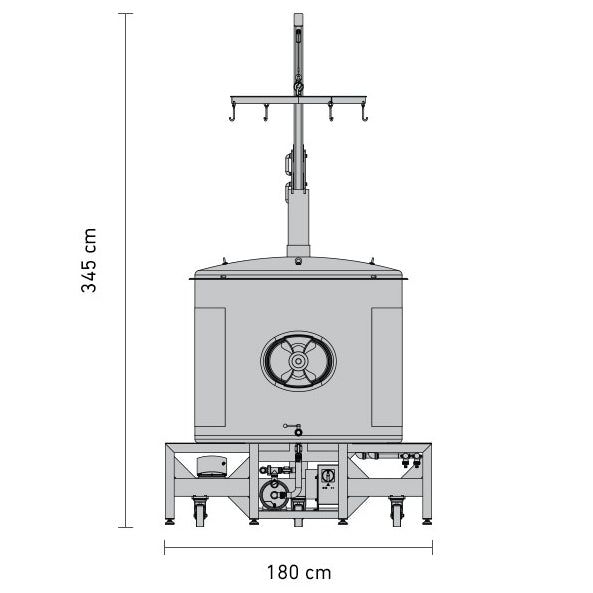 Teknisk diagram av Speidel #Braumeister 1000L - Bestillingsvare fra Speidel, et automatisk kommersielt bryggesystem med sirkulær dør, rør og komponenter, som måler 345 cm i høyden og 180 cm i bredden.