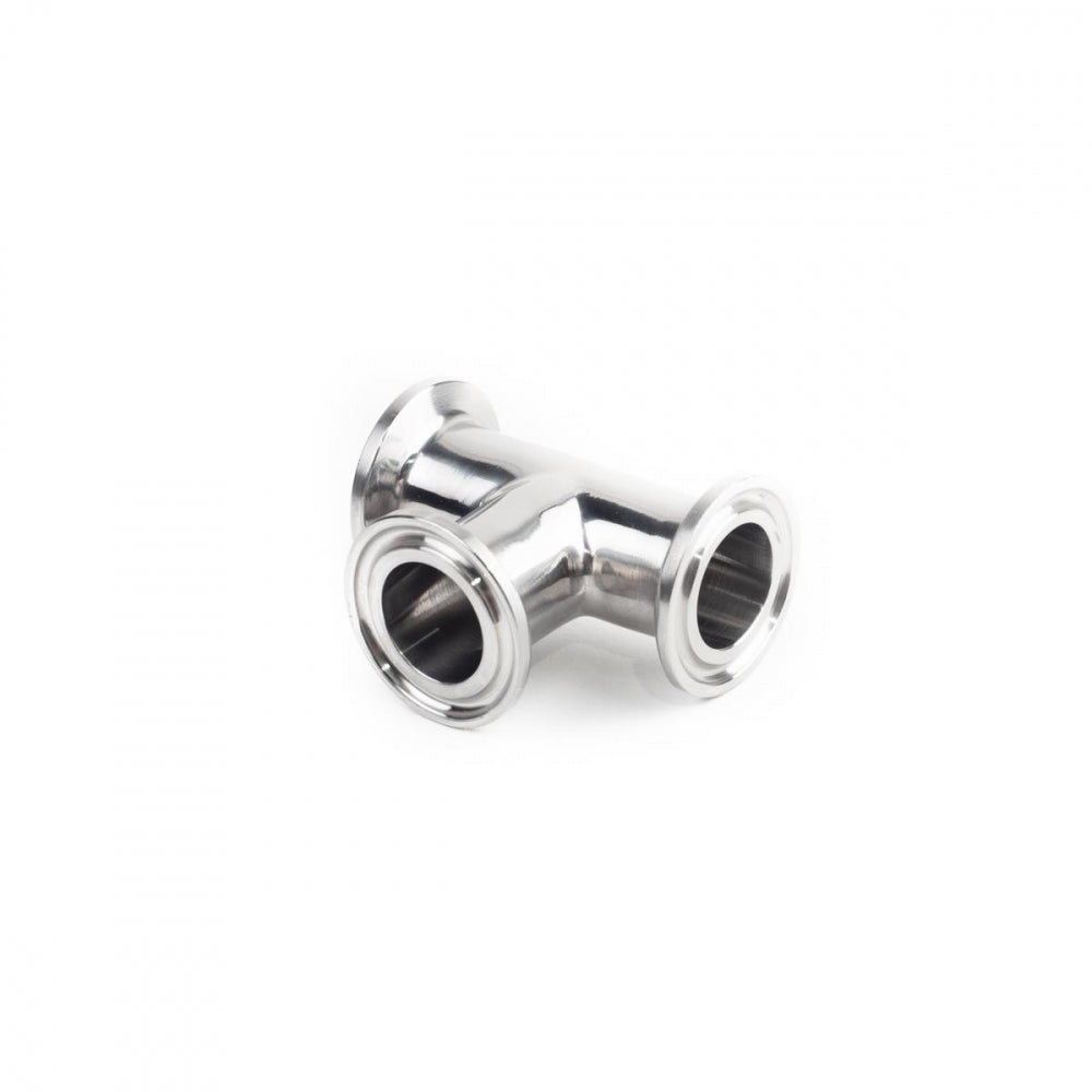 Brewtools 34 mm TC T-stykke mini T-adapter er en rørkobling i rustfritt stål med tre flensåpninger og en lengde på 60 mm, vist isolert på hvit bakgrunn.