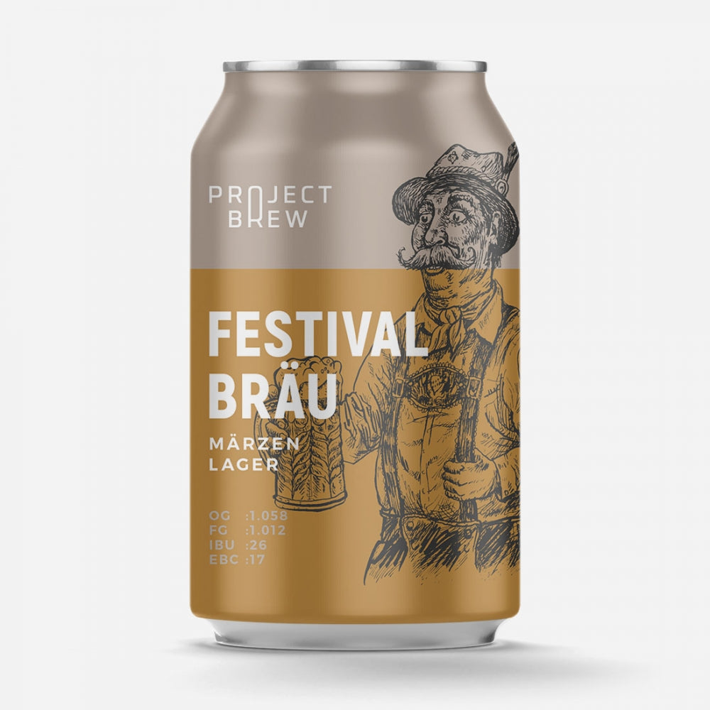 En sølv- og gullfarget boks med Project Brew Festival Bräu - Märzen Lager - allgrain ølsett, en Oktoberfestbier, med en illustrert mann som holder en ølkanne på forsiden.
