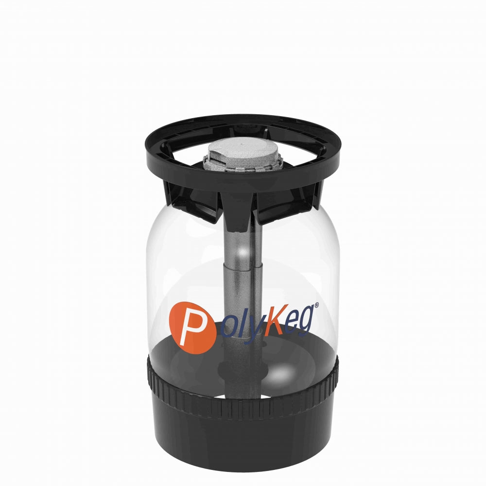PolyKeg PRO 12L with Bag - K Valve (1 stk) fra PolyKeg er et gjennomsiktig PET-fat med svart topp og bunn, en grå ventilmekanisme og Polykeg-logoen trykt på siden.
