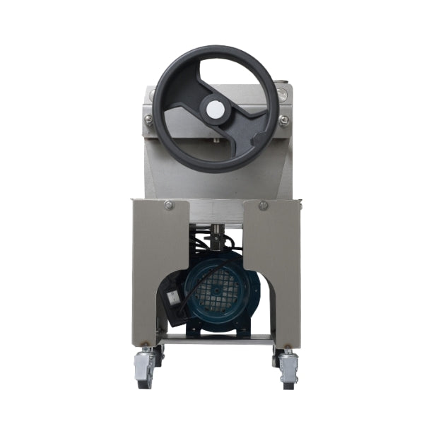 Grifo FCP20 Profesjonelt Platefilter 20x20 med pumpe, designet for 20 filterplater, med et stort svart håndhjul, rustfritt stålhus, synlig motor og hjul for mobilitet.