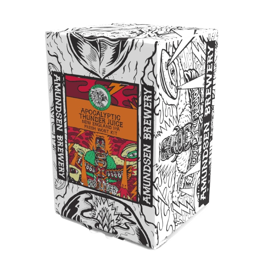 Brygg din egen hazy IPA med Amundsen Apocalyptic Thunder Juice - Hazy IPA 20L Fresh Wort Kit, med iøynefallende grafisk kunstverk fra Amundsen-merket.