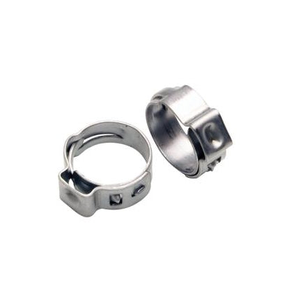 To Deutsch & Neumann Slangeklemme en-øret 15,7 mm i rustfritt stål med glatt, avrundet design vises på hvit bakgrunn.