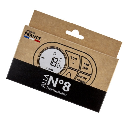 Rektangulær pappemballasje for Alla France N°8 - HACCP Digitalt termometer for kjøl/frys, med enhetsdiagram og produktinformasjon på engelsk og fransk - perfekt for kjøleskap eller frysere.