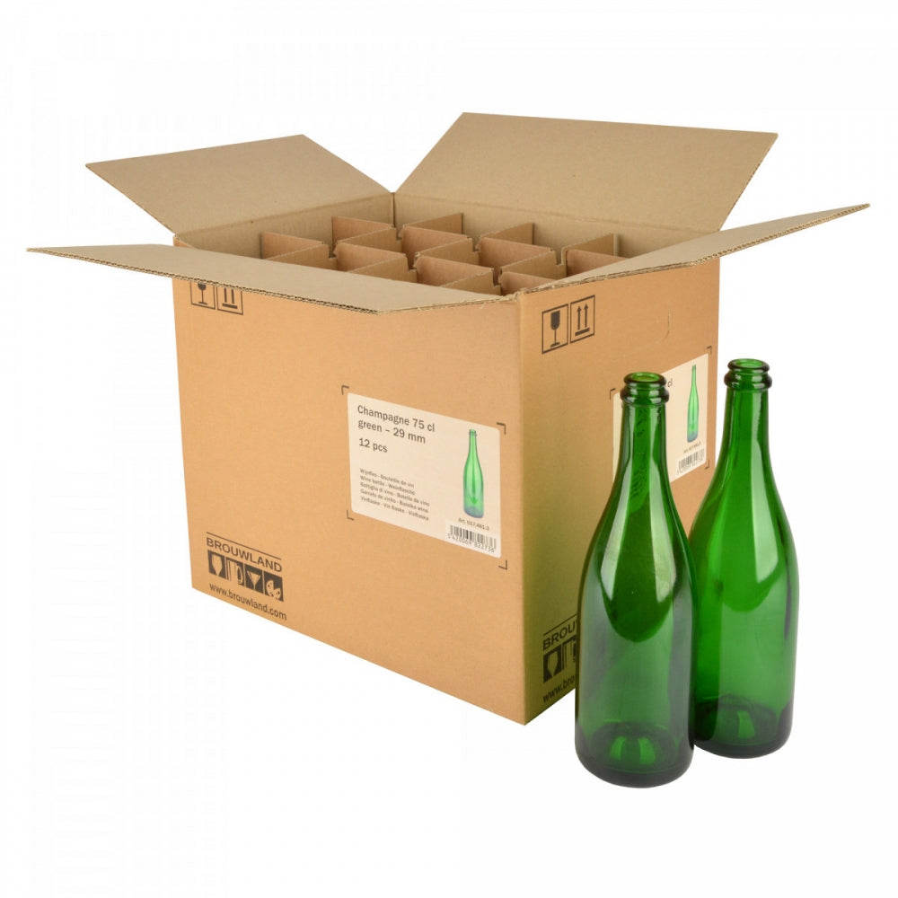 A Vinoferm eske med 12 Grønne champagneflasker 75cl med skillevegger, hvor to tomme flasker står foran esken.