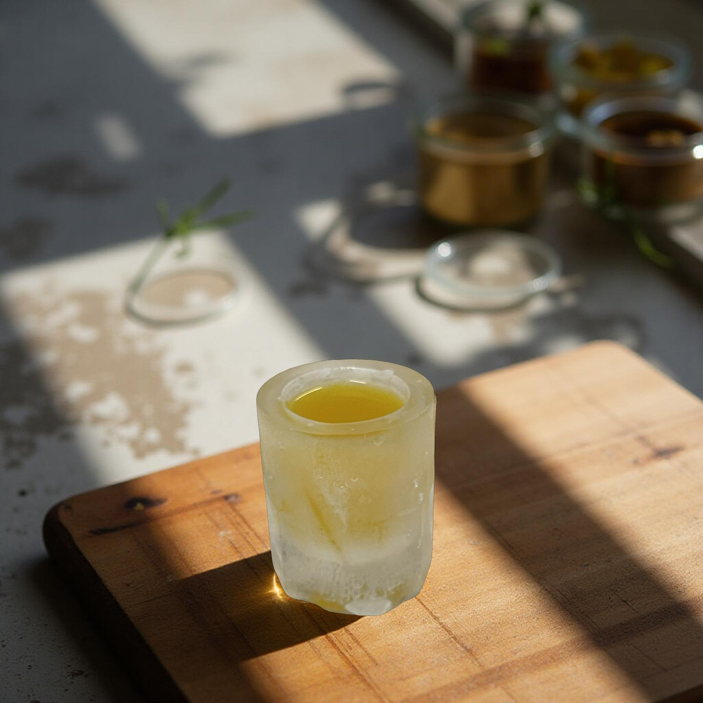 Et frossent shotglass laget med Hendi Ice Shot Glass Mould er fylt med gul væske på en treplate, mens uskarpe krukker og sollys skaper en varm bakgrunn.