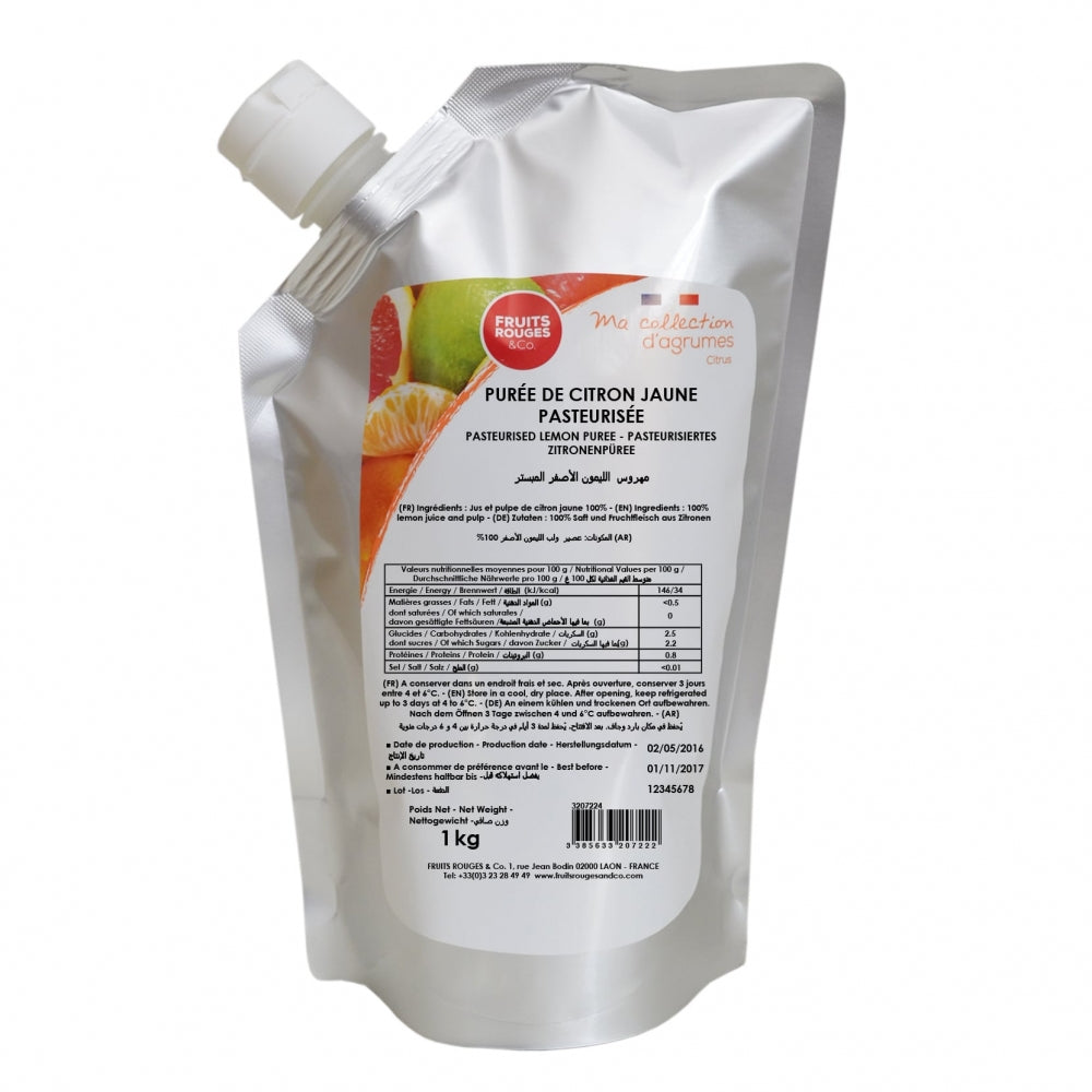 En 1 kg sølvfarget pose med Fruits Rouges & Co Sitronpuré med tut, med etikett, næringsfakta og sitronbilder. Laget av 100 % frukt for ren, naturlig smak.