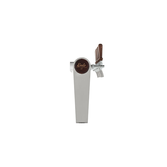 Lindr Naked Cold Bridge 10 Tappetårn, et øltappetårn i metall med et rundt Lindr-logo og fire brune tappehåndtak, vises mot en ensfarget hvit bakgrunn. Dette tappetårnet i rustfritt stål er utstyrt med avansert Cold Bridge-kjøleteknologi for å opprettholde optimal drikketemperatur.