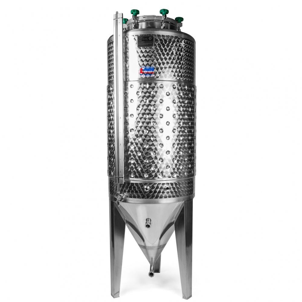 L-Inox trykktank rustfritt stål 200L 2 bar - Komplett har et sylindrisk karosseri i rustfritt stål AISI 304, konisk bunn, rillet overflate, grønne ventilhåndtak, CO₂-tilkobling og står på tre ben.