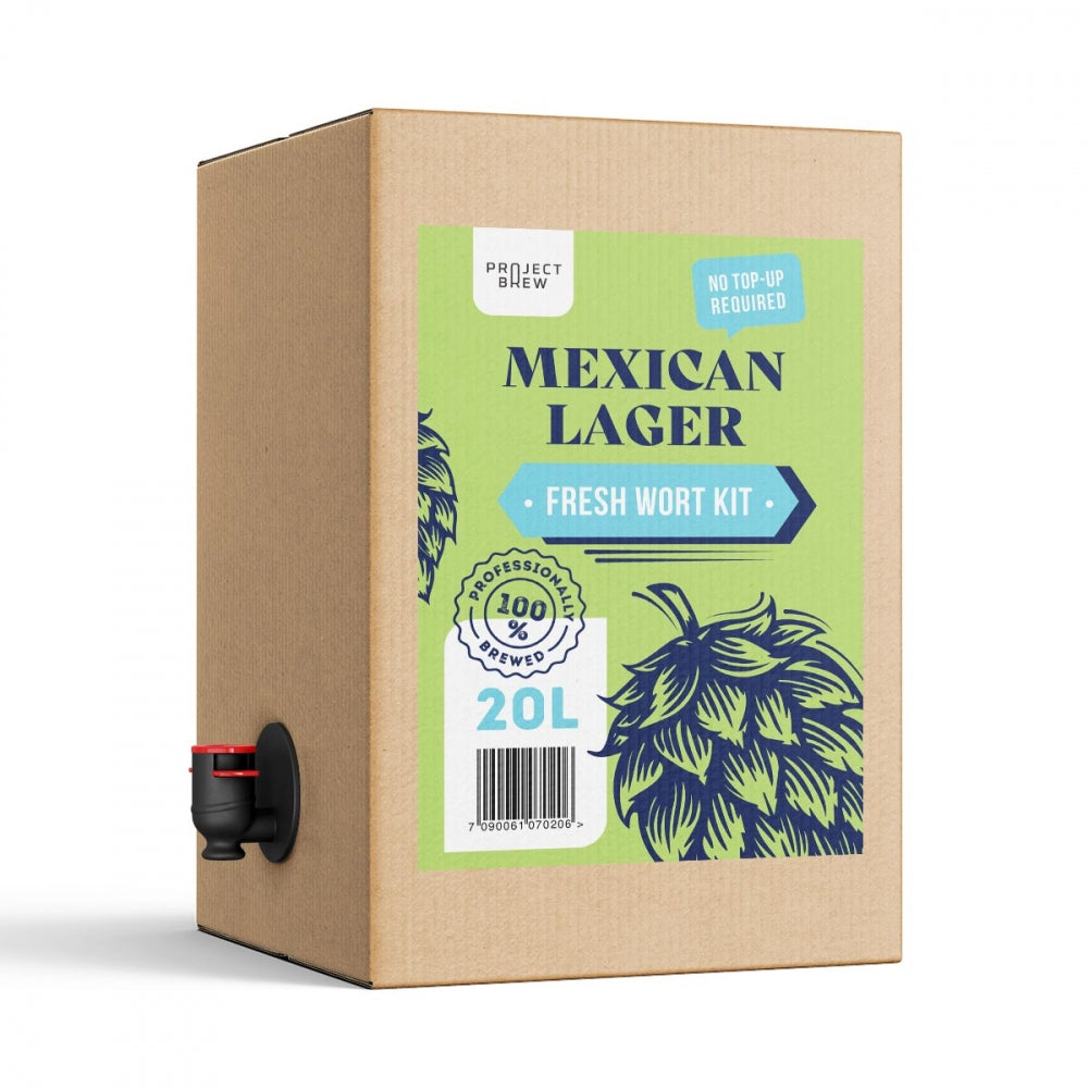 Austmann Mexican Lager - 20L Fresh Wort Kit: en pappeske med en kran på venstre side, merket for hjemmebrygging.