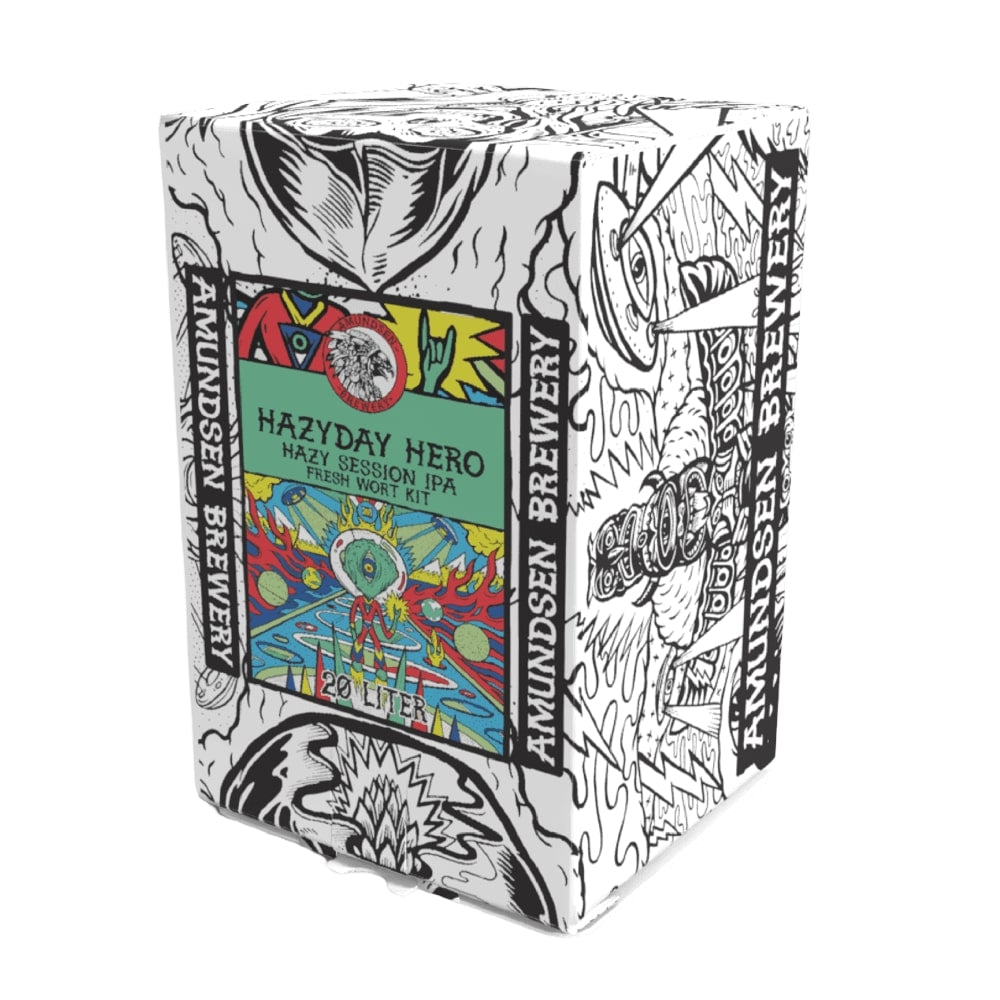 Et 20 liters Amundsen Hazyday Hero Session IPA Fresh Wort Kit med livlig etikett og svart-hvitt-illustrert emballasje.