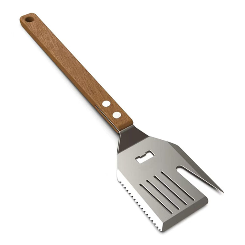 5-i-1 BBQ Grillspade i Rustfritt Stål med serratert kant, slisset blad, flaskeåpner og trehåndtak.