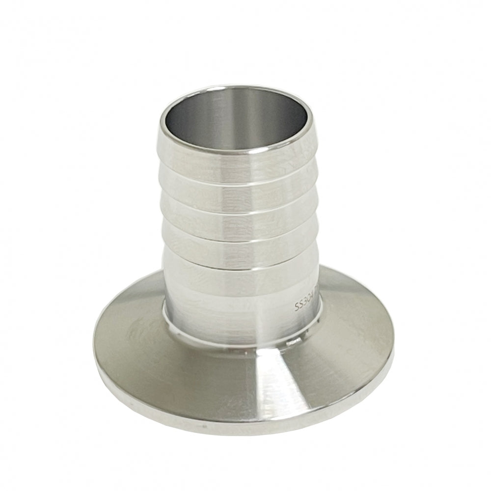 Brewshop 1,5" Tri-Clamp x 25 mm slangenippel, laget av rustfritt stål 304, har en riflet slangestuss og flat flensbunn, vist på en hvit bakgrunn.