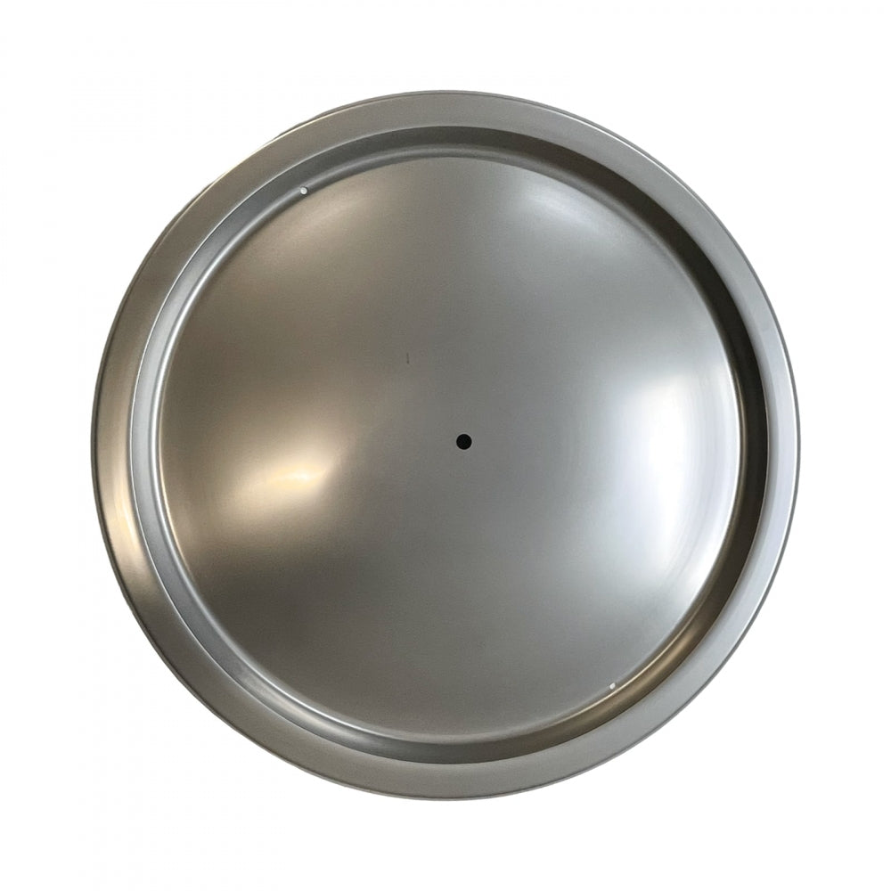 En rund Reserve lokk til Speidel Braumeister 20L fra Speidel i sølvfarget metall, med et sentralt hull, sett ovenfra på hvit bakgrunn.
