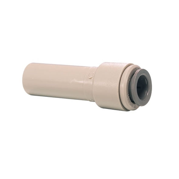 John Guest 5/16" - 1/4" Reducer er en sylindrisk rørkobling i beige plast med en trykk-til-koblingsende, ideell for bruk med John Guest trykk-koblinger.