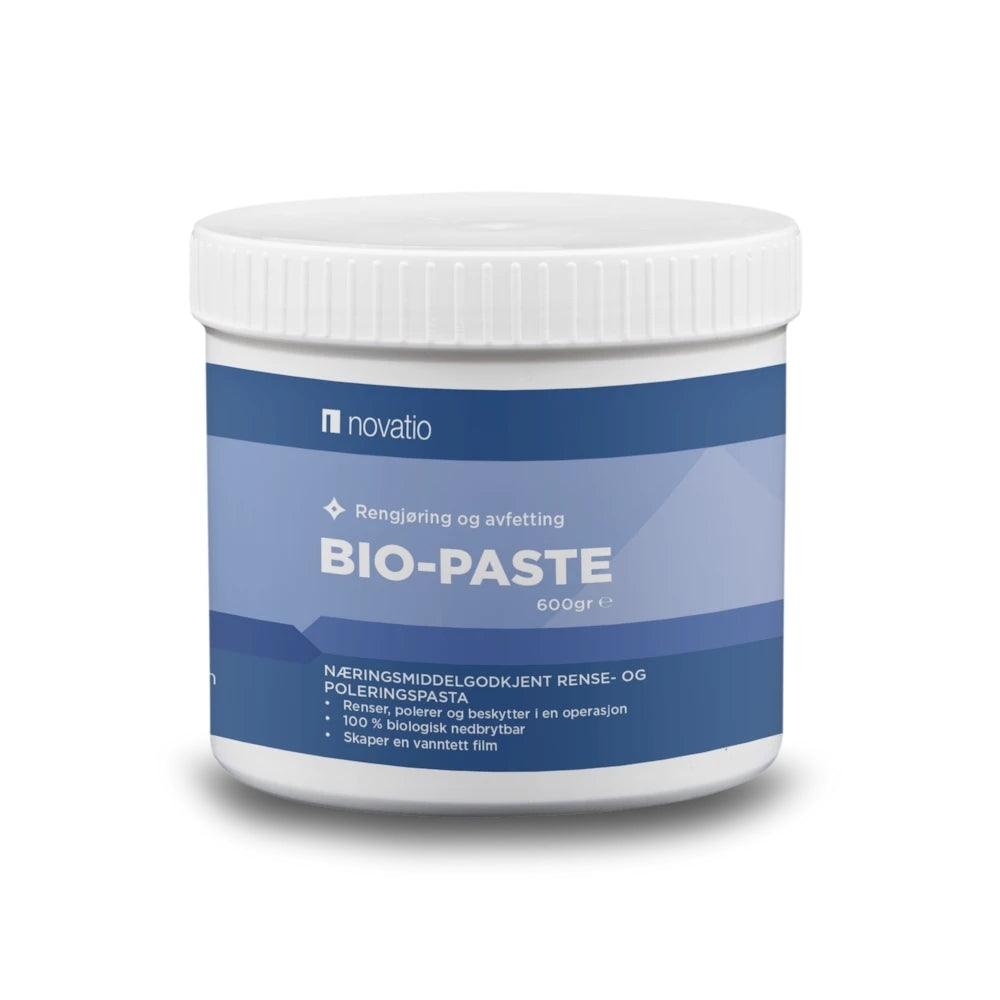 En hvit plastbeholder merket Novatio Bio-Paste - næringsmiddelgodkjent rensepasta, med norsk tekst, blått varemerke og hvitt skruelokk, inneholder 600 g rengjørings- og avfettingspasta.