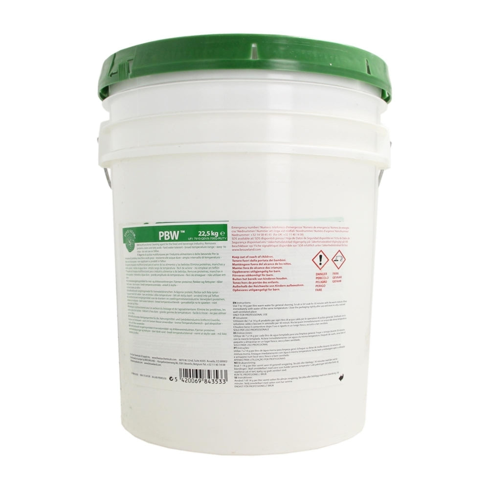 Five Star Chemicals PBW 22,7kg rengjøringsmiddel-en hvit plastbøtte med grønt lokk og etikett-er essensielt bryggeutstyr for hjemmebryggere som ønsker effektiv PBW-rensing.
