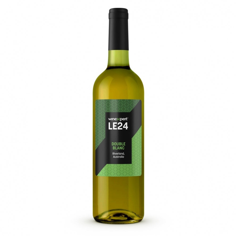 En flaske Winexpert LE24 Double Blanc 14L - Vinsett (Hvit), et fruktig hvitvinskit fra Riverland i Australia, vises med en grønn og svart etikett på en vanlig hvit bakgrunn.