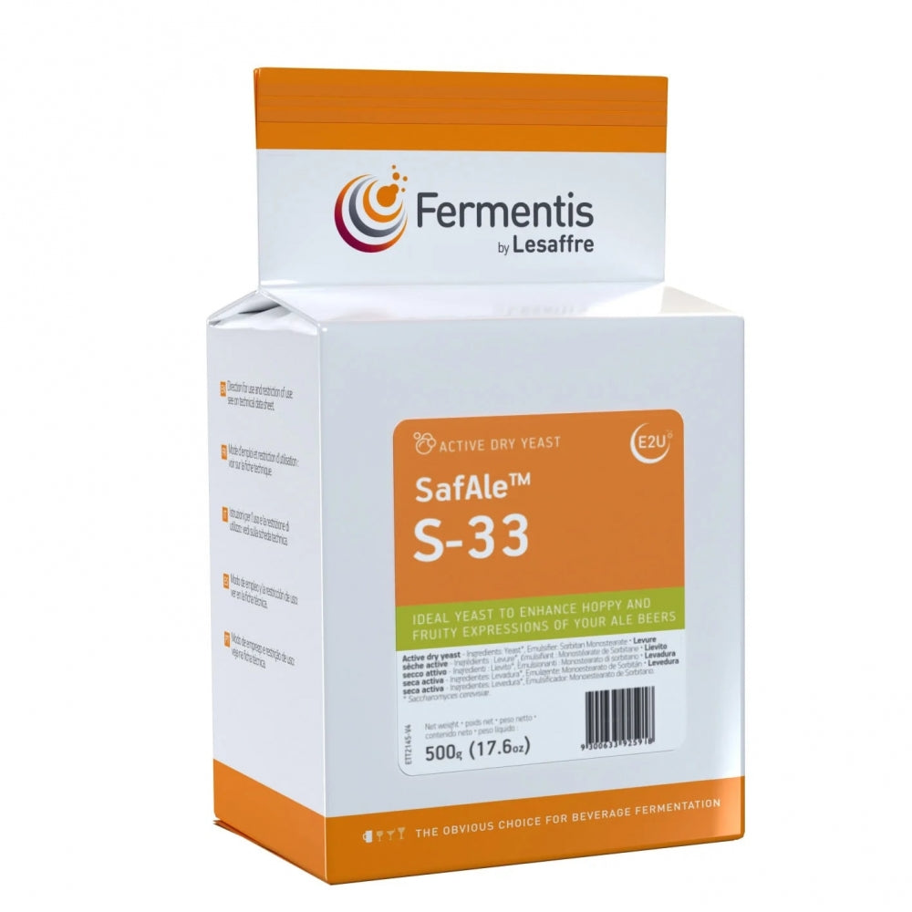 Fermentis Safale S-33 - 500g er en hvit og oransje boks med tørrgjær, ideell for brygging av NEIPA og andre smaksrike ale-øl.