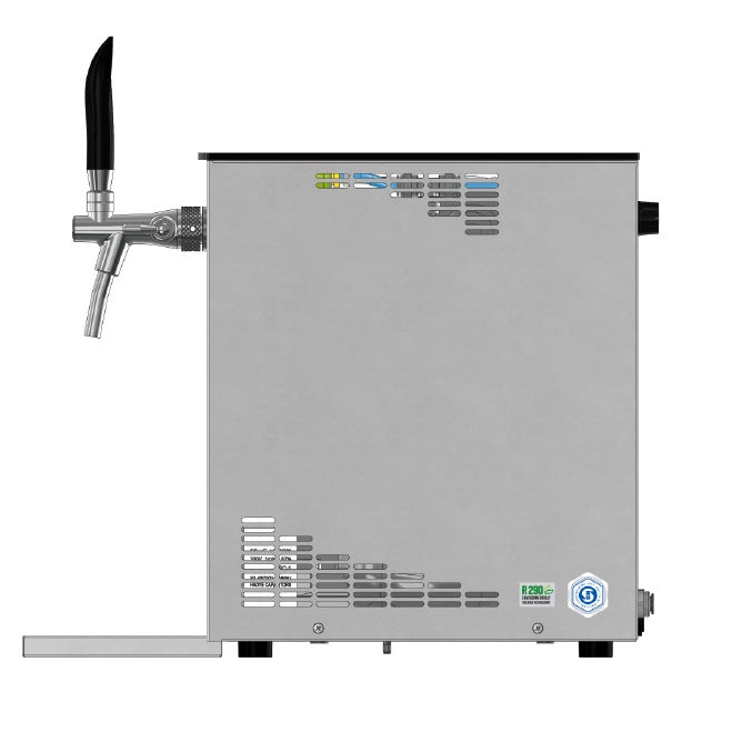 Lindr PYGMY 25/K Exclusive NEW 2X Tap Green Line øldispenser med tappetårn med kjøling, to kraner, dryppbrett, ventilasjonshull, etikettklistremerker på enheten og ergonomiske tappehåndtak for enkel skjenking av drikkevarer.