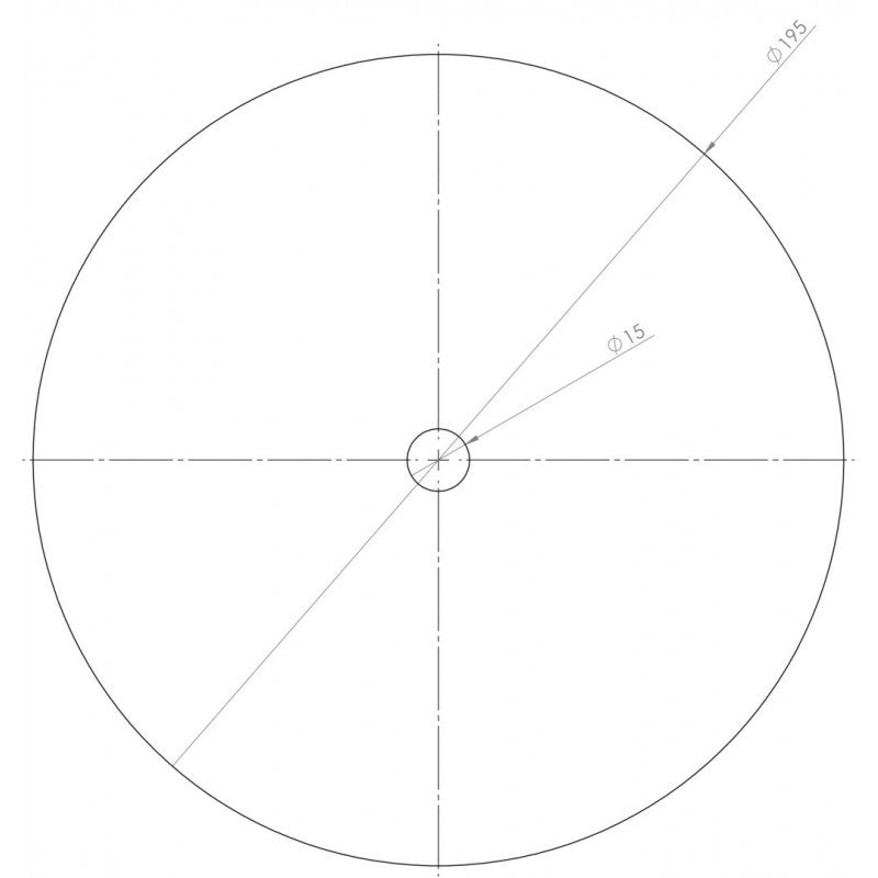 Teknisk tegning av BacBrewing finmasket filterskive (filterduk) for Speidel BM10: inkluderer en stor sirkel med en diameter på 198 enheter og en mindre konsentrisk sirkel med en diameter på 15 enheter, begge i 304 rustfritt stål med midtlinjer gjennom begge.
