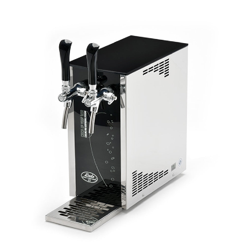 Lindr PYGMY 25/K Exclusive NEW 2X Tap Green Line er en øldispenser i rustfritt stål med to kraner og tappetårn med kjøling, ideell for servering av øl eller kaldt brygg.