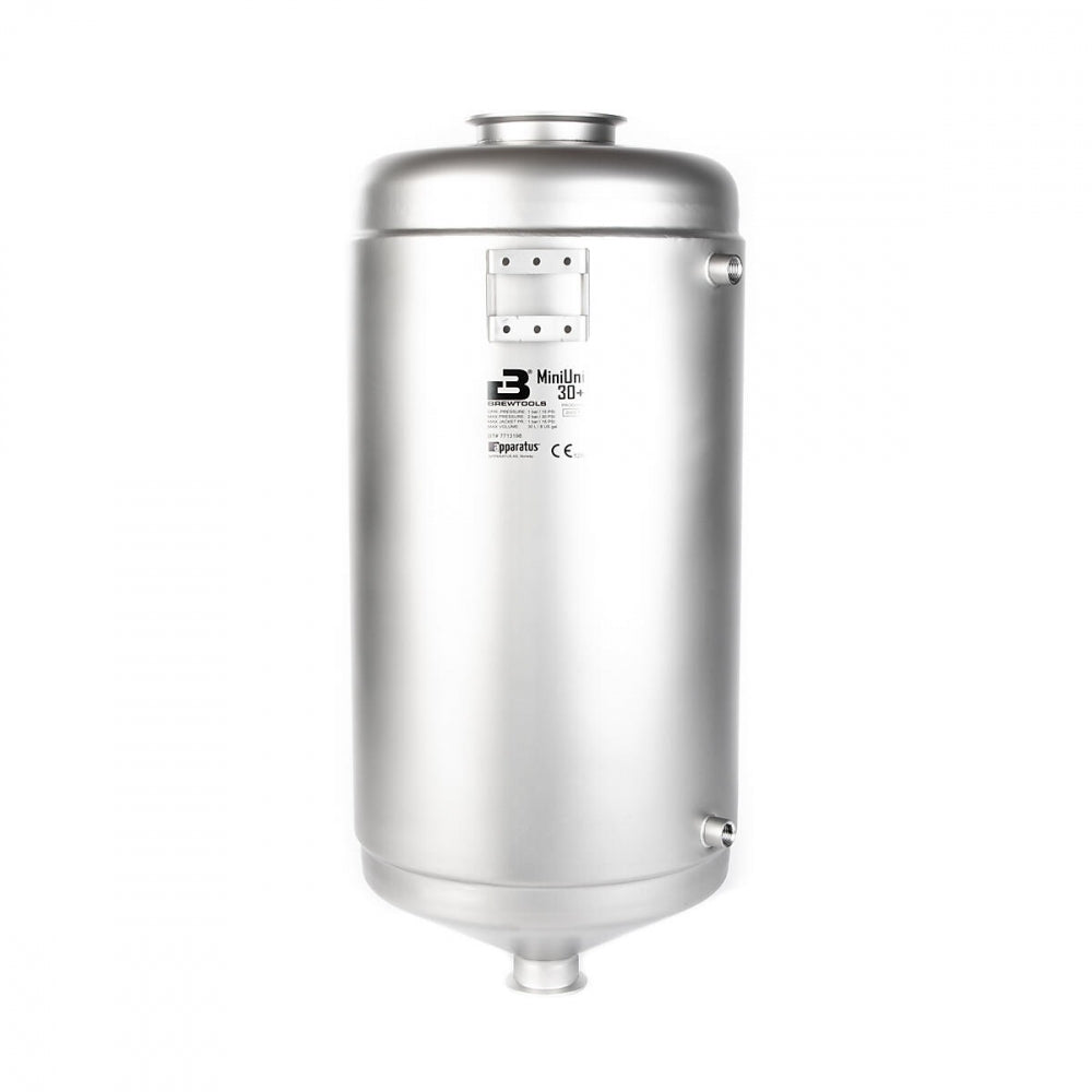 Brewtools MiniUni 50+ er en sylindrisk trykkbeholder i rustfritt stål med kuppelformede ender, side-/toppporter og produsentens etikett-perfekt som trykkgodkjent fermenterings- eller gjæringstank for øl.