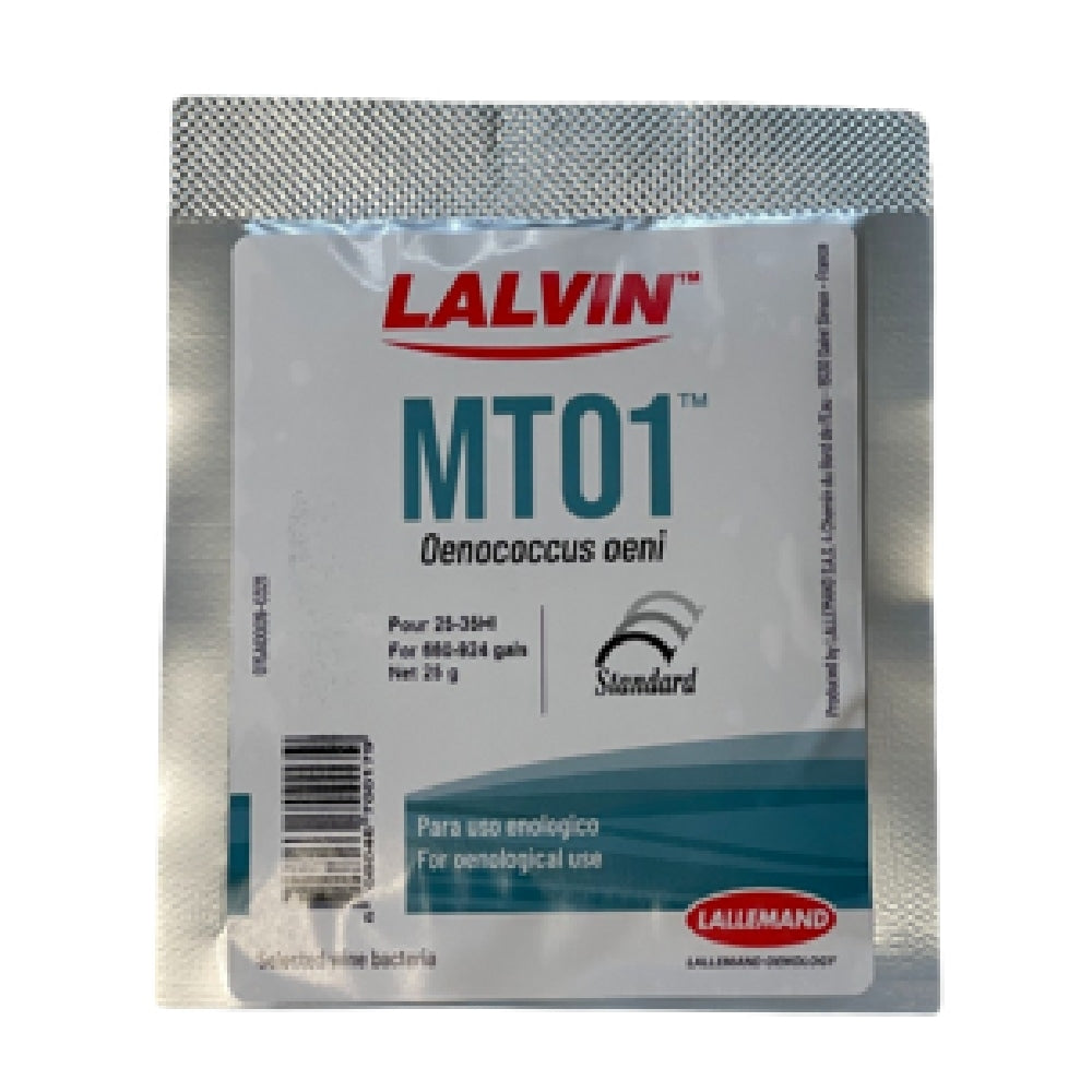 En sølvhvit Lallemand-pakke merket "Lalvin MT01 25g / 25HL" til ønologisk bruk, med doserings- og vektangivelse på forsiden.