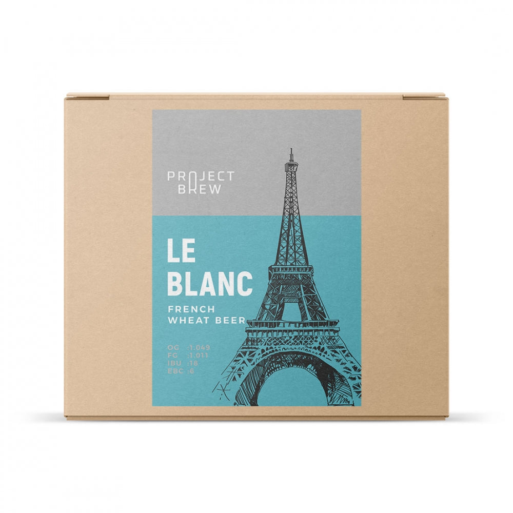 En pappeske merket Project Brew Le Blanc - French Wheat Beer allgrain ølsett, med en Eiffeltårnsillustrasjon på blått - ideell for hveteølfans eller alle som ønsker seg en 1664 Blanc klone.