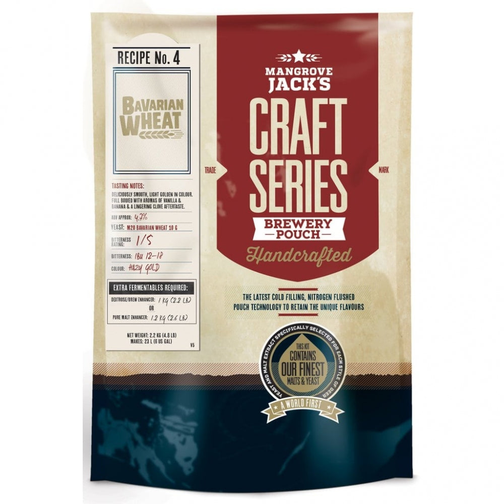 Mangrove Jacks Craft Series Bavarian Wheat ekstraktsett (2,2 kg) har tydelige detaljer om maltekstrakt, ingredienser og bryggeinstruksjoner på emballasjen.