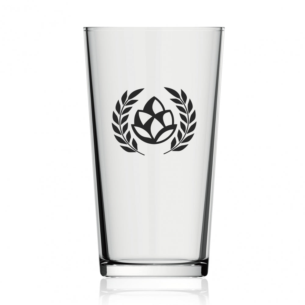 Rastal Conical Tumbler 47cl Ølglass med Craft Icon har et svart emblem med en stilisert humleblomst og laurbærblad - ideelt til servering av håndverksøl. Pakken inneholder 12 glass.