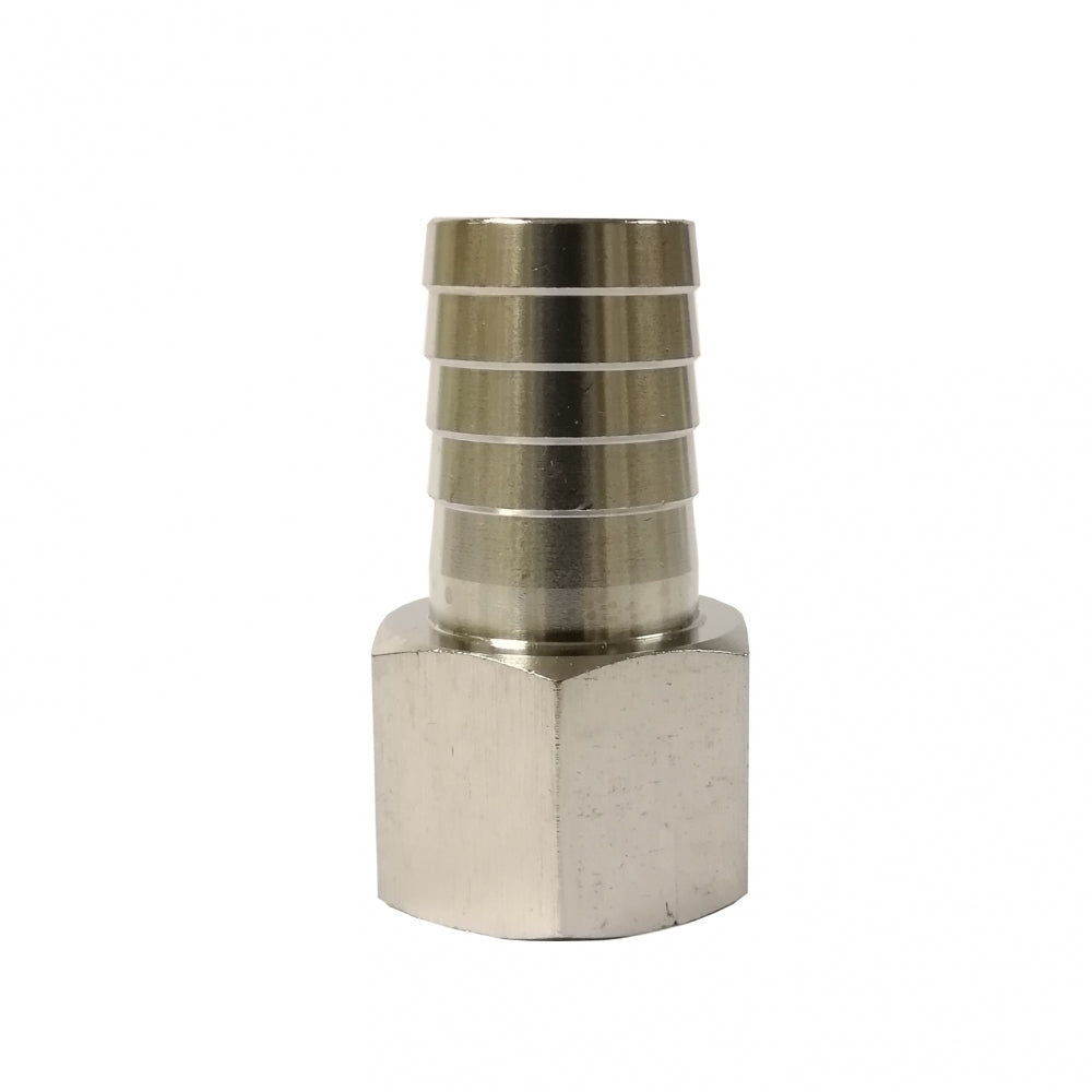 Brewshop Slangenippel hunn 3/4" FPT x 20 mm er en rustfri stålslangekobling i metall med sekskantet mutterbase, designet for tilkobling av fleksible slanger til gjengede rørkoblinger.