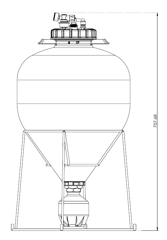 Linjetegning av Spundy - Compact Spunding Valve fra Keg King, vist på en kuppelformet sylindrisk tank med metallramme; har ventiler og måler 707,68 enheter i høyden - ideell for hjemmebryggingsvifter eller Keg King-oppsett.