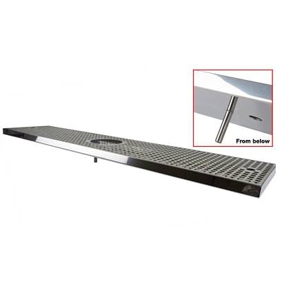 Micro Matic Drip Tray -RS, 220x1000 med skyller/spyler er et rektangulært brett i rustfritt stål med perforert overflate og avløpsrør, vist nedenfra i et innfelt bilde. Ideell for barbruk og kompatibel med Micro Matic-oppsett.
