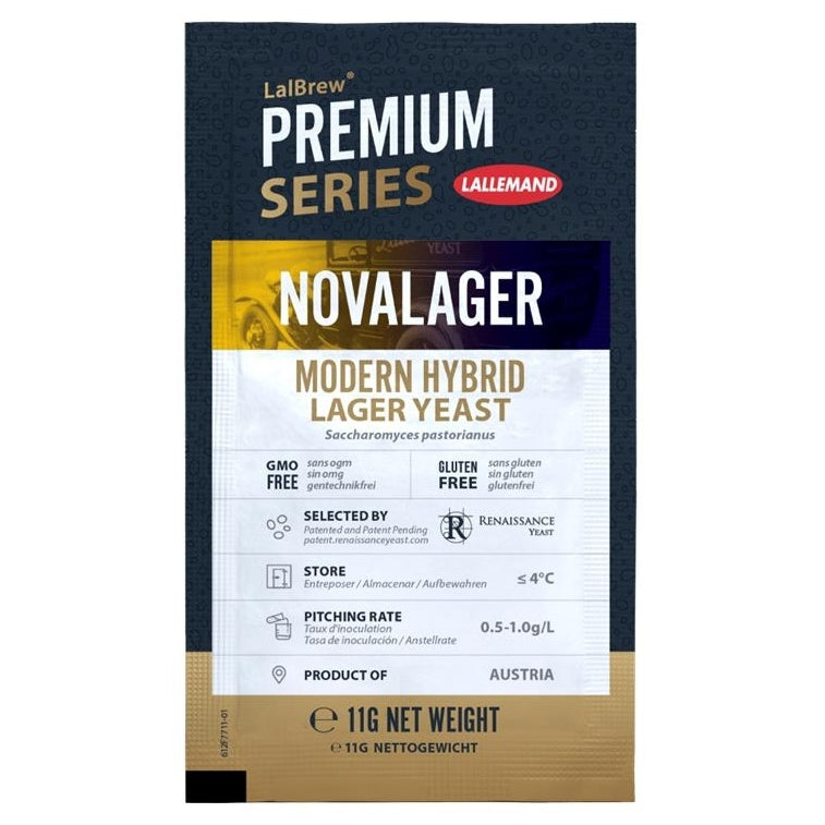 Forsiden av en LalBrew NovaLager 11g - Lallemand-pakke fremhever produktdetaljer, bruksanvisninger og ikoner for GMO-fri, glutenfri og kald lagring - perfekt for brygging av autentisk pilsnerøl med kvalitetslagergjær fra Lallemand.