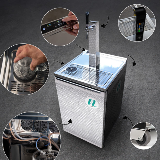 Lindr Combi Cold Bar 50 er en vannautomat i metall med digitale betjeningsknapper, et profesjonelt tappeanlegg, kjølevifter, dryppbrett, svingbare hjul og en person som holder et glass under kranen.
