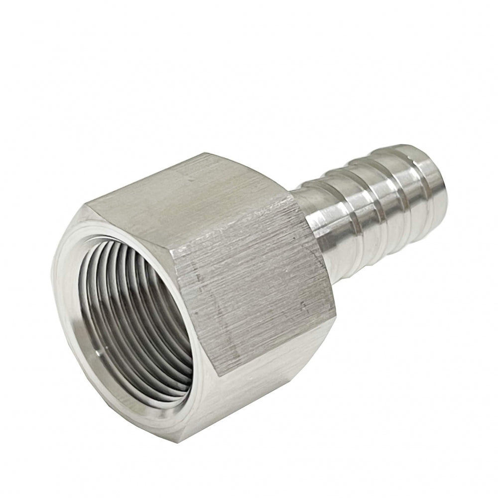 Brewshop Slangenippel hunn 3/4" BSP x 16 mm er et sølvfarget metallrør med gjenger, laget av slitesterkt 304 rustfritt stål for utmerket korrosjonsbestandighet.