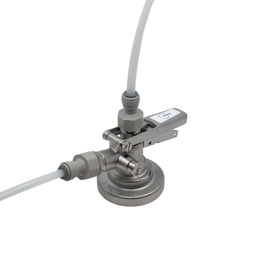 Brewshop Startpakke for tapping fra KeyKeg & PolyKeg med Lindr - For 1 fat har en ventil i rustfritt stål med to kabler og en USB-enhet, kompatibel med KeyKeg-systemer for effektiv tapping av drikkevarer.