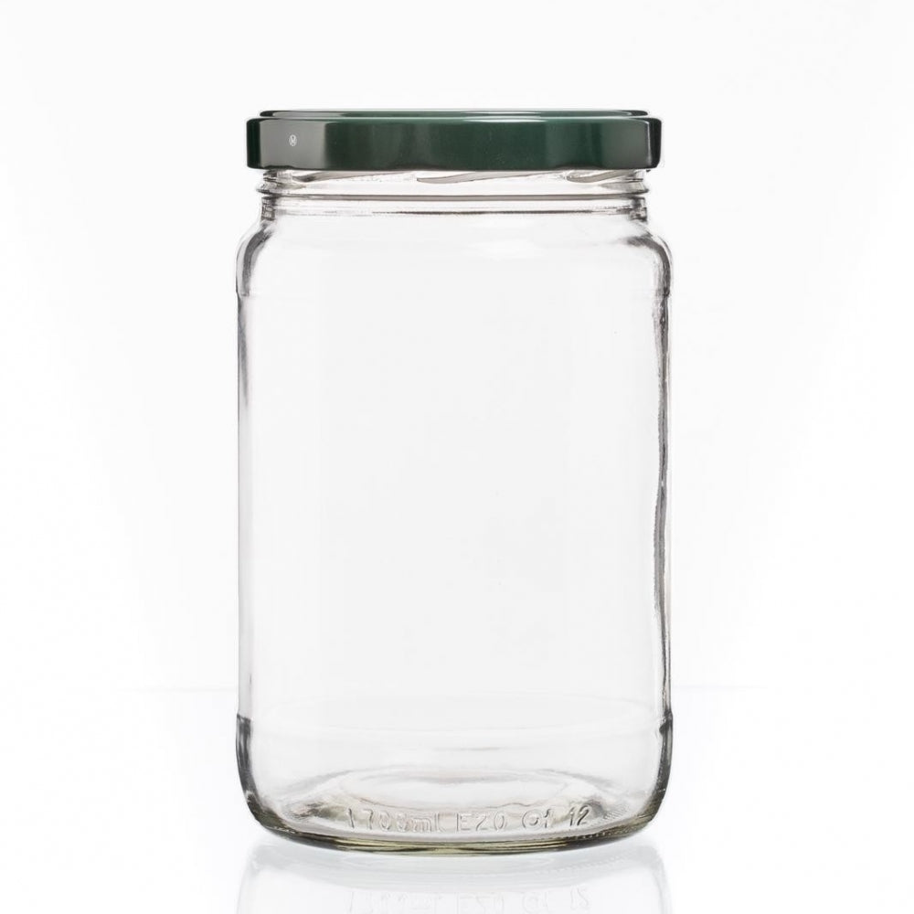 Enolandia 1,7L konserveringsglass er vist stående med et mørkegrønt metallokk mot en hvit bakgrunn, ideelt for tett forsegling og oppbevaring av matvarer.