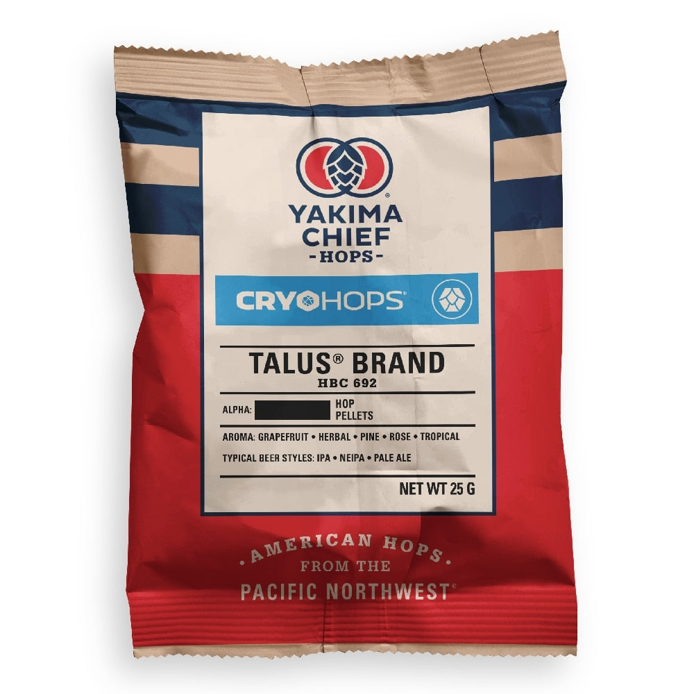 En 25 g-pakke med Yakima Chief Talus Cryo Hops (12,6 %), med et rødt, hvitt og blått design med produktinformasjon og aromaopplysninger på forsiden.