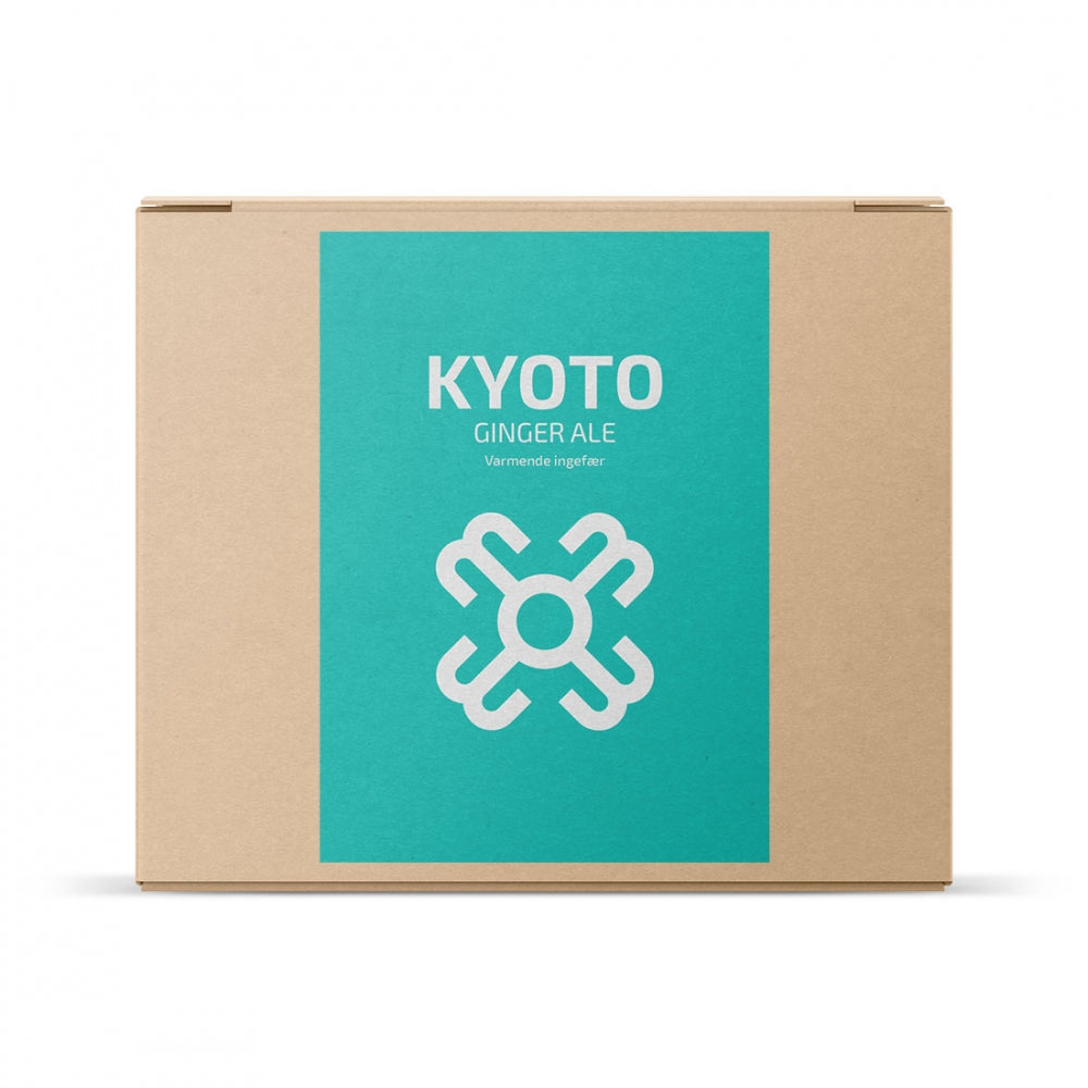 En pappeske med blågrønn etikett med "Kyoto Ginger Ale" og hvitt geometrisk design - ideell for hjemmebryggeren som ønsker å brygge sin egen Hogna Brygg Kyoto allgrain ølsett fra Brewshop.