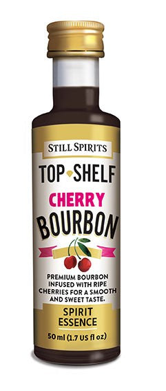 Still Spirits SS Top Shelf Cherry Bourbon - 50 ml essens tilfører rik kirsebærbourbonsmak til hjemmelaget brennevin; kommer i en flaske med kirsebær og produktinformasjon på en hvit etikett.