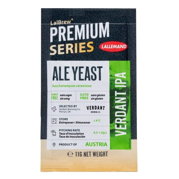 Lallemand LalBrew Verdant IPA 11g tørrgjær, GMO-fri og glutenfri, ideell for NEIPA og ølbrygging. Produsert i Østerrike.