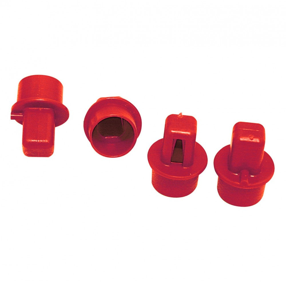 Fire røde Ferrari Sediment Reducer-ventilhetter i plast på hvit bakgrunn, med to av hettene liggende på siden og to stående oppreist.